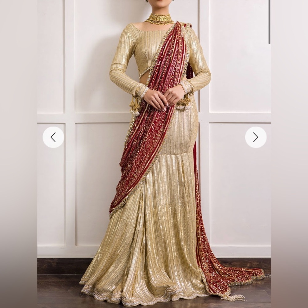 India Boutique Gold and Red Long Sleeve Lehenga Size Small